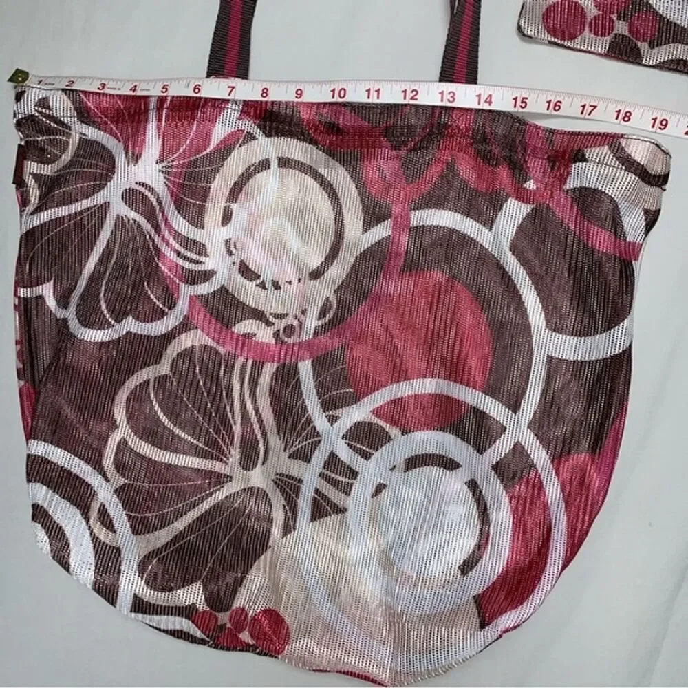 Mesh Beach Tote Bag Brown Pink White Top Handle Summer Pool Shoulder Picnic